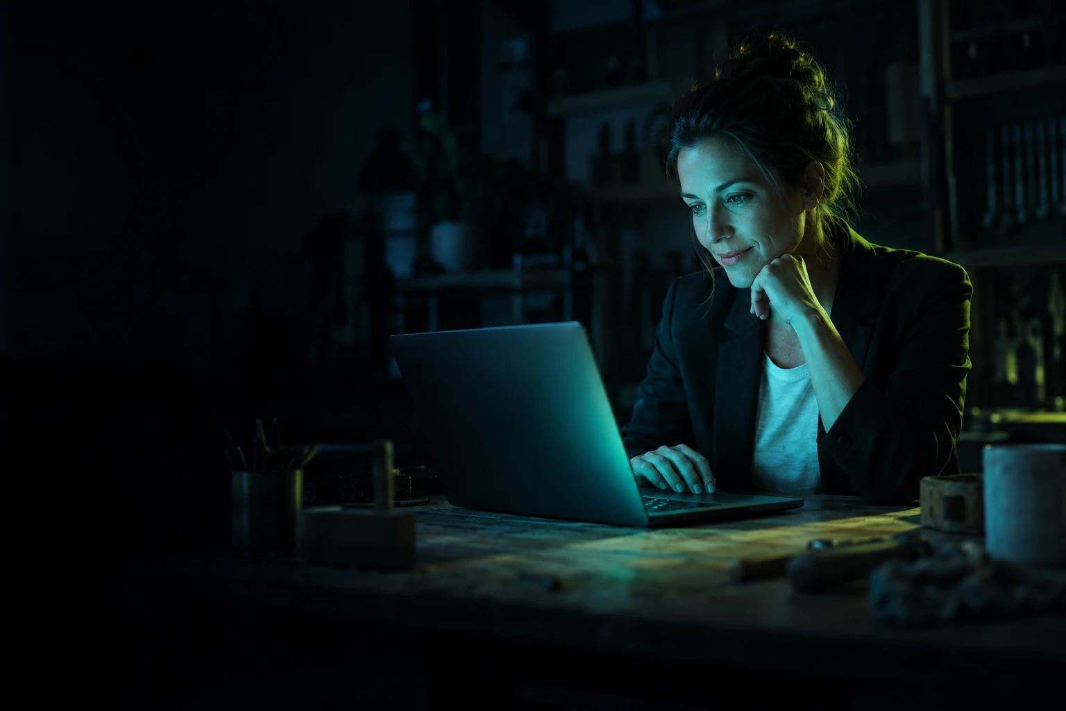 Unternehmerin arbeitet am Abend mit OMVIN an ihrem Rechner