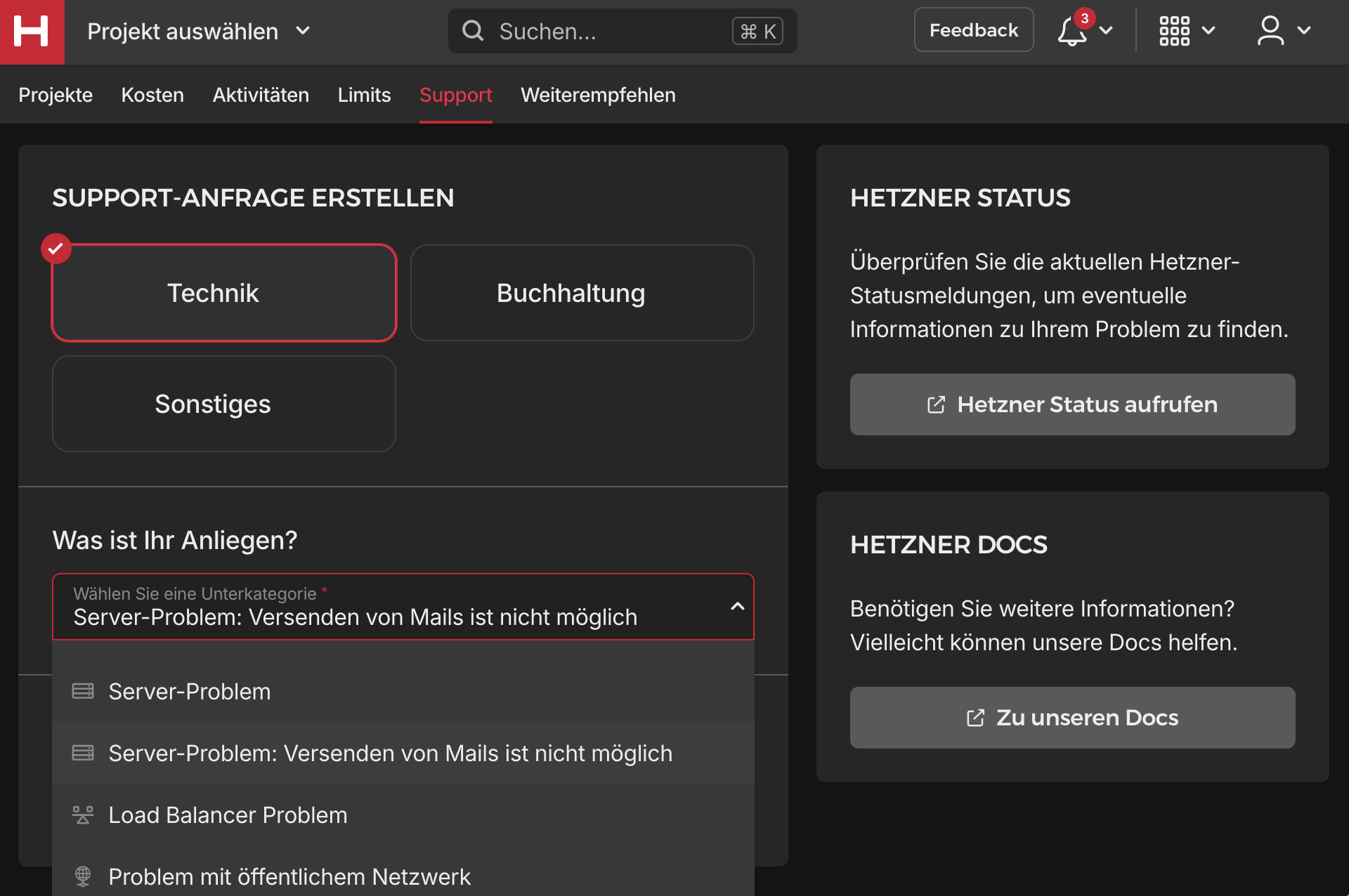 Hetzner Support – Ticket erstellen