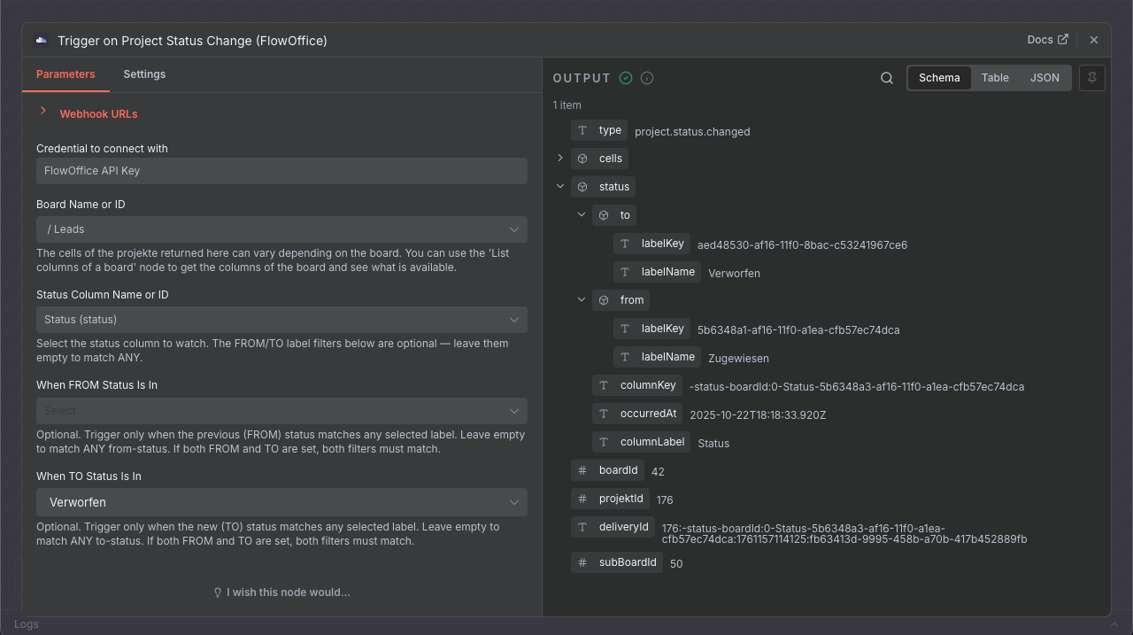 n8n‑UI – Trigger „Projekt‑Status ändert sich“ (Einstellungen)